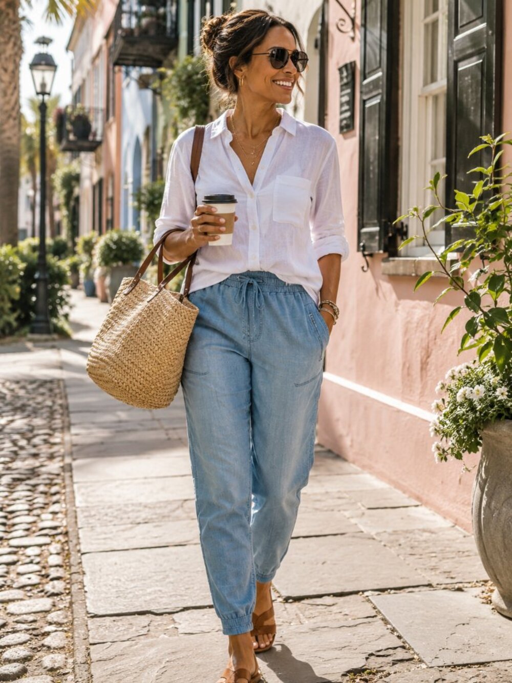 Athleta Chambray Tencel Jogger Pants Size‎ 6 Blue Drawstring Travel Coastal